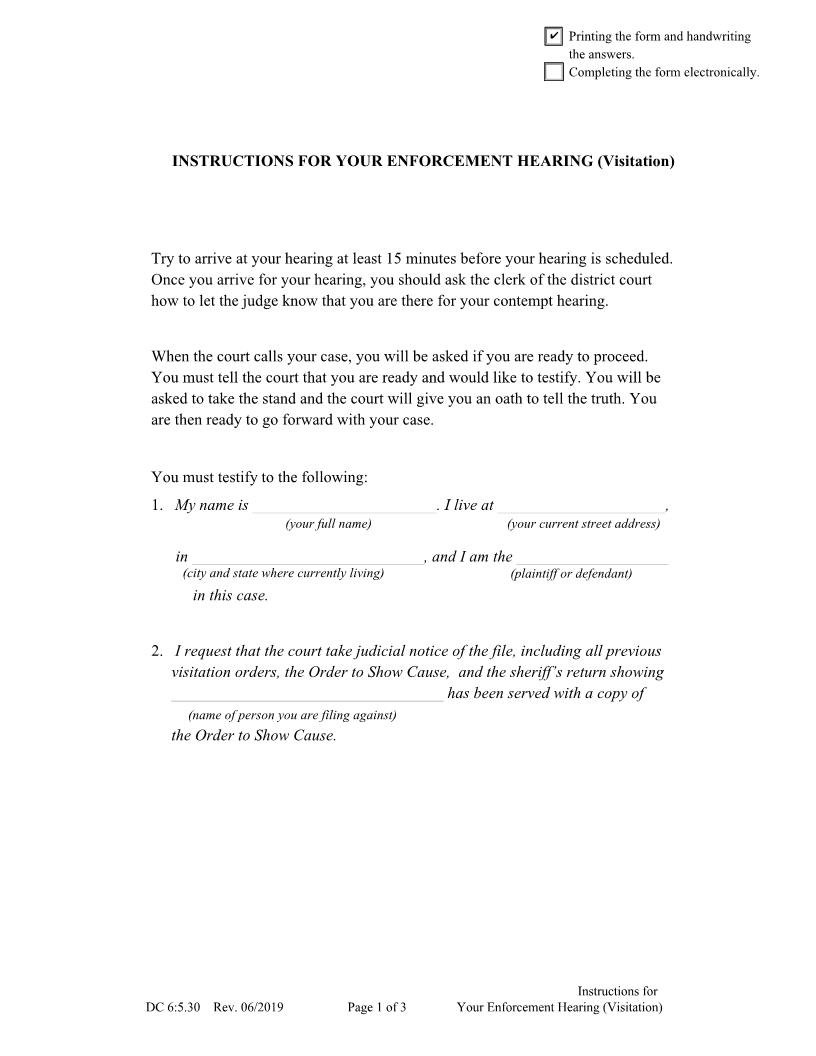 Instructions For Your Enforcement Hearing Contempt Hearing Visitation {DC-6-5-30} | Pdf Fpdf Docx | Nebraska