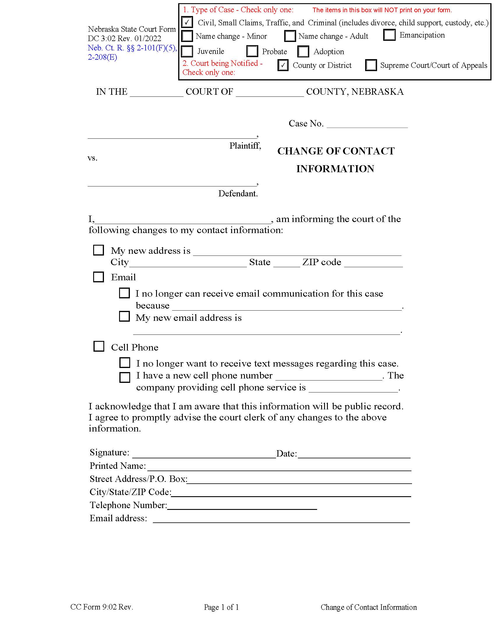 Change Of Contact Information {DC-3-02} | Pdf Fpdf Docx | Nebraska