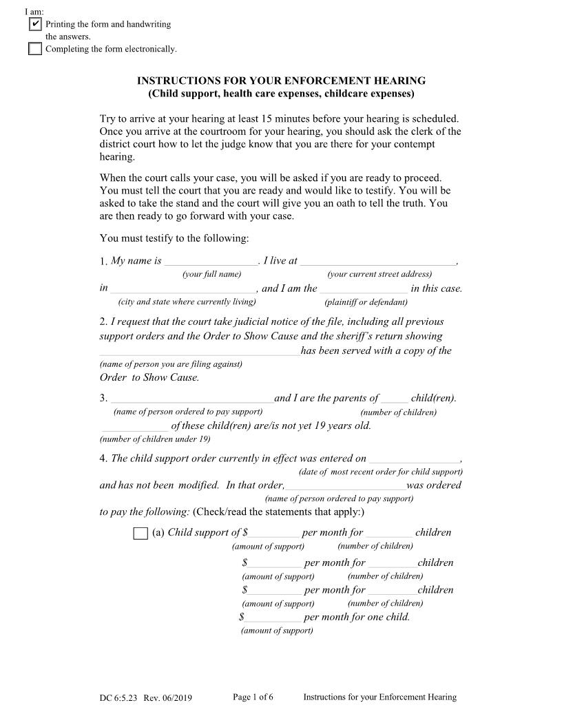 Instructions For Your Enforcement Hearing {DC-6-5-23} | Pdf Fpdf Docx | Nebraska