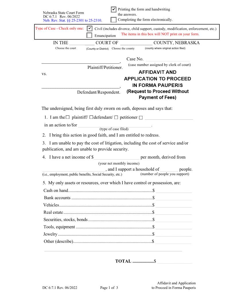Affidavit And Application To Proceed Without Payment Of Fees {DC-6-7-1} | Pdf Fpdf Docx | Nebraska