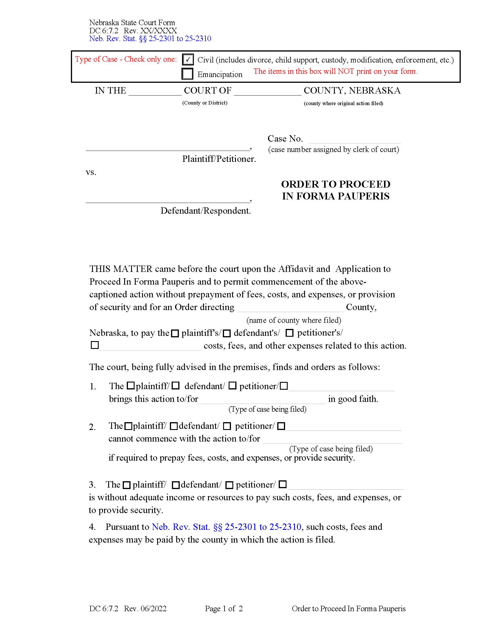 Order To Proceed In Forma Pauperis {DC-6-7-2} | Pdf Fpdf Docx | Nebraska