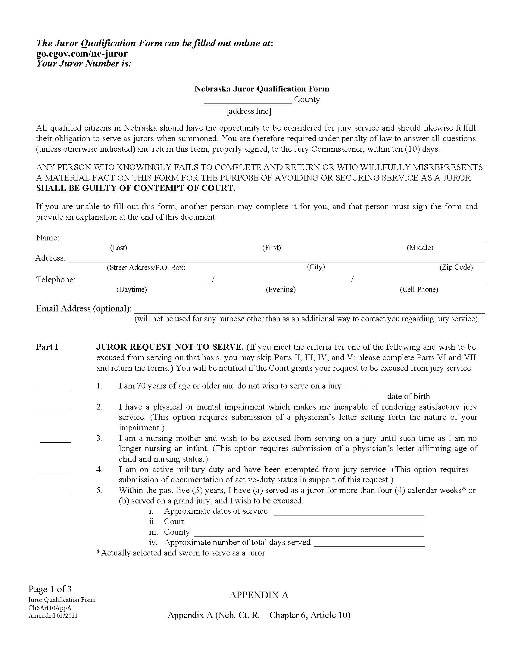 Juror Qualification Form {Appendix A} | Pdf Fpdf Doc Docx | Nebraska