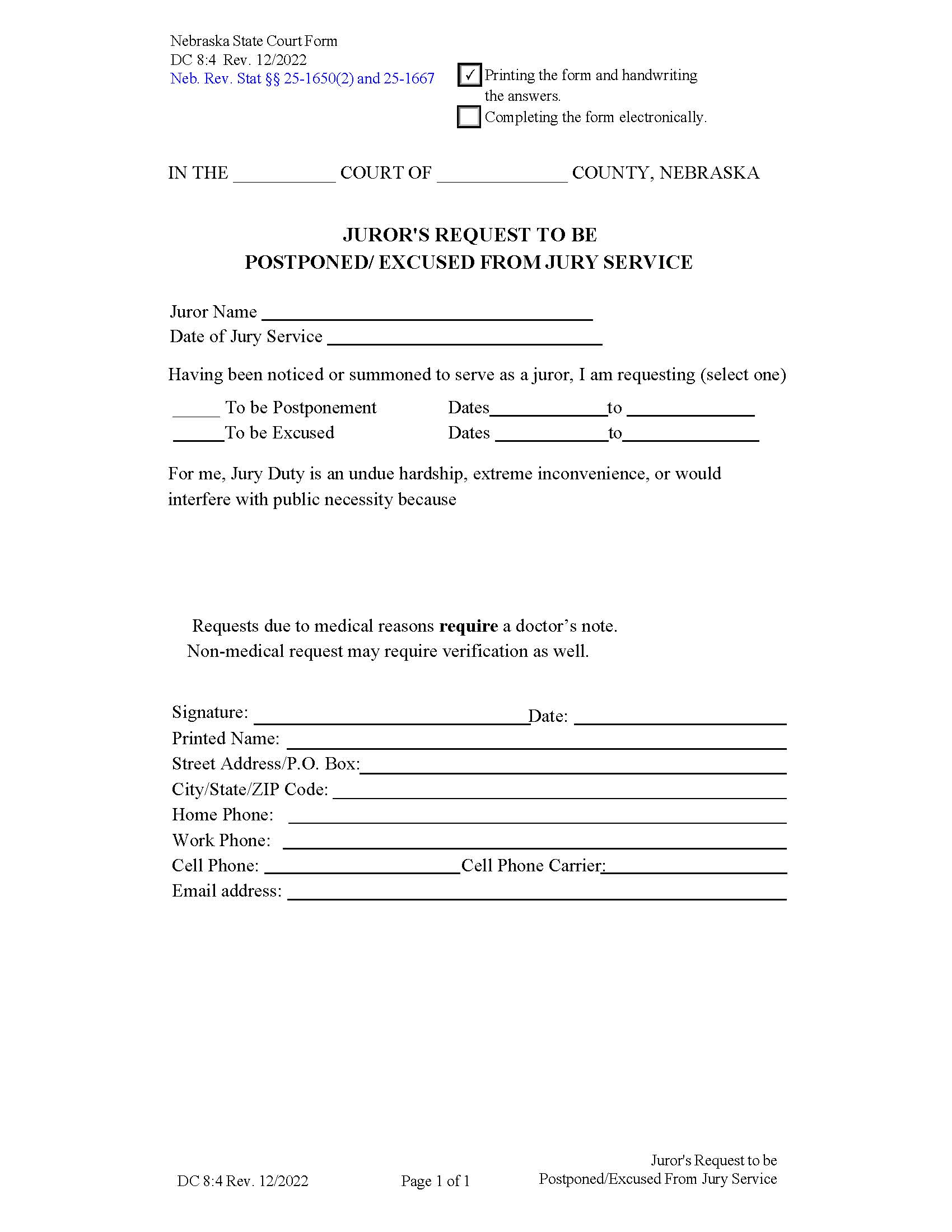 Jurors Request To Be Postponed Excused From Jury Service {DC-8-4} | Pdf Fpdf Docx | Nebraska