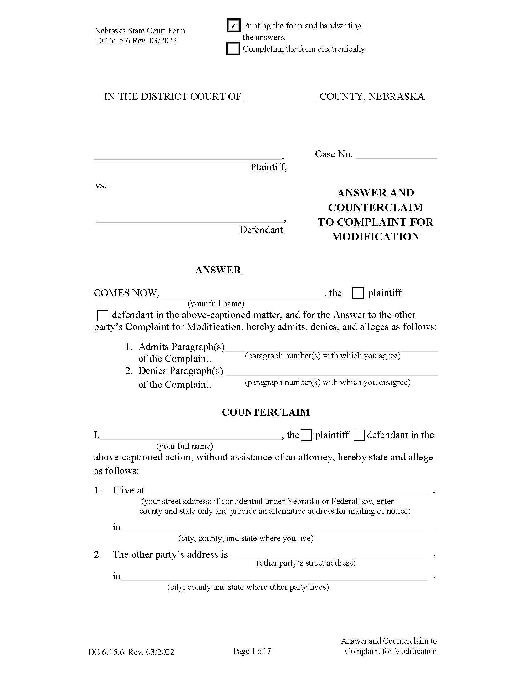 Answer And Counterclaim To Complaint For Modification {DC-6-15-6} | Pdf Fpdf Docx | Nebraska