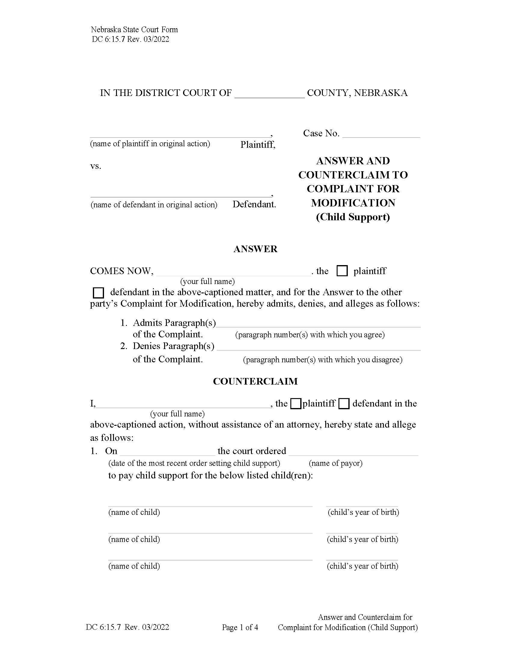 Answer And Counterclaim To Complaint For Modification Child Support {DC-6-15-7} | Pdf Fpdf Docx | Nebraska