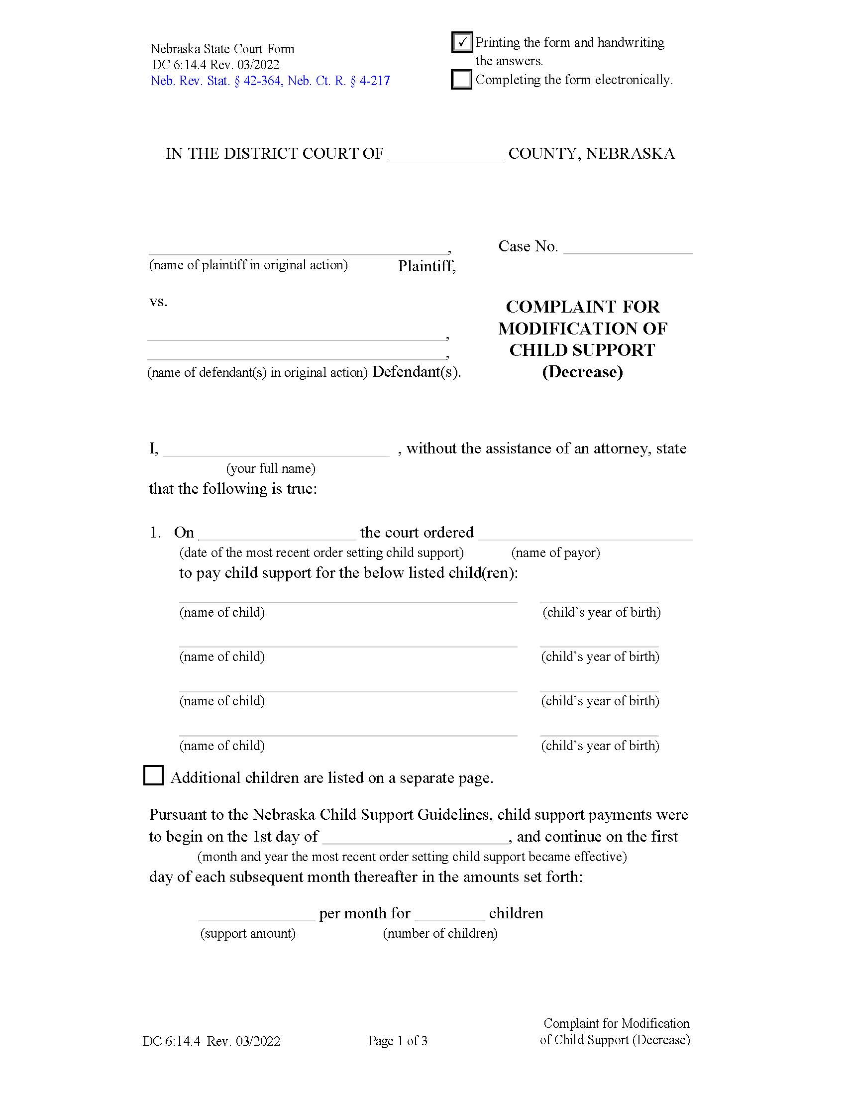 Complaint For Modification Of Child Support Decrease {DC-6-14-4} | Pdf Fpdf Docx | Nebraska