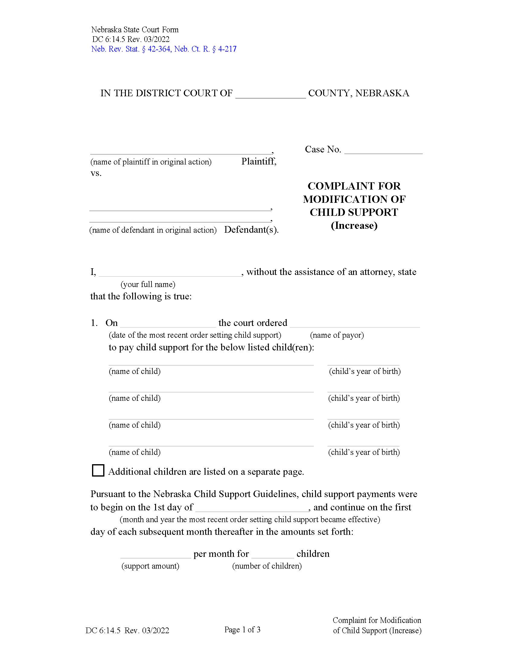 Complaint For Modification Of Child Support Increase {DC-6-14-5} | Pdf Fpdf Docx | Nebraska