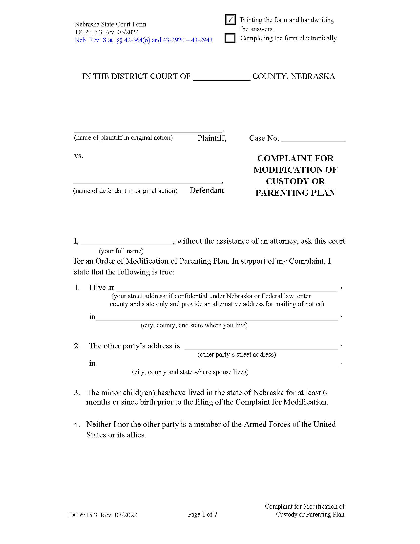 Complaint For Modification Of Custody Or Parenting Plan {DC-6-15-3} | Pdf Fpdf Docx | Nebraska