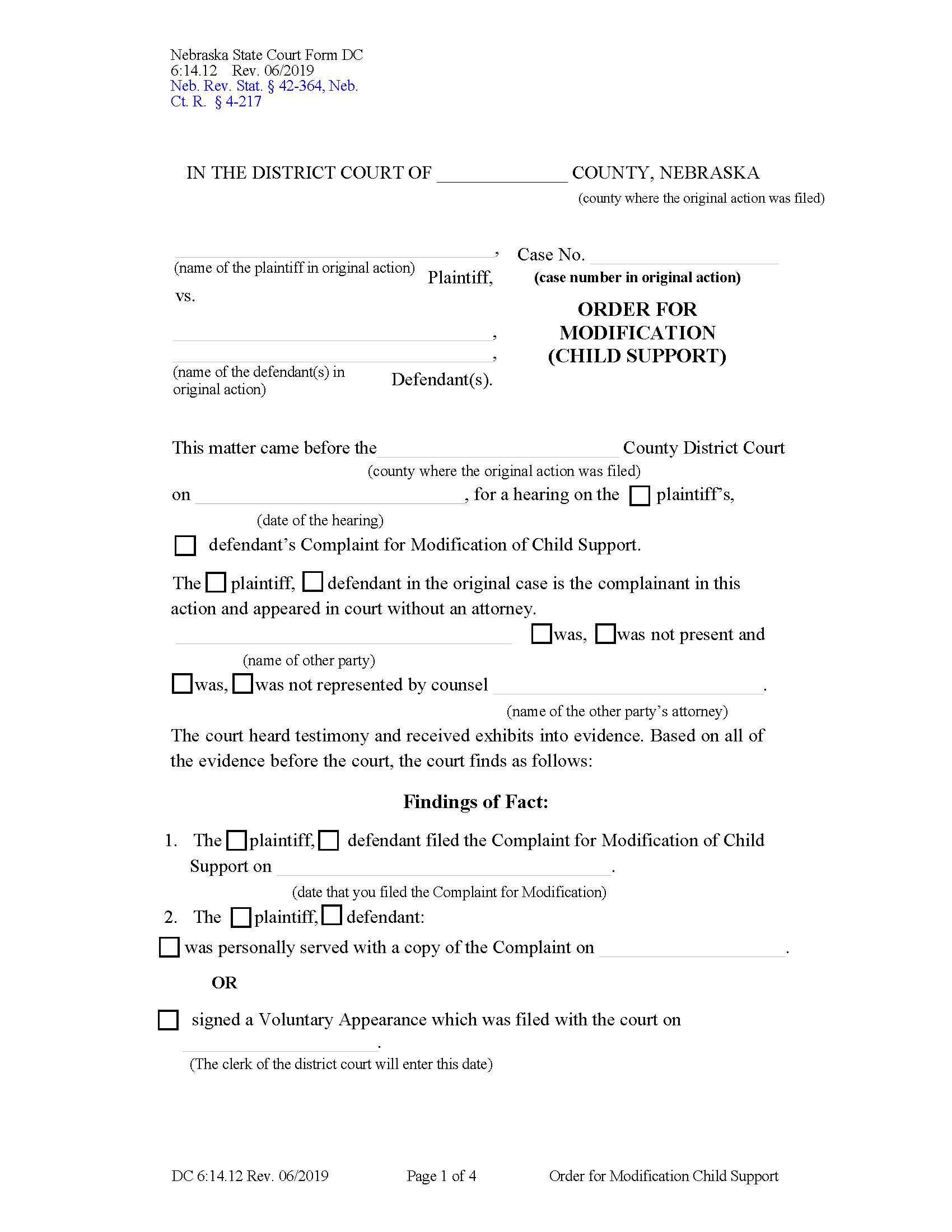 Order For Modification Of Child Support {DC-6-14-12} | Pdf Fpdf Docx | Nebraska