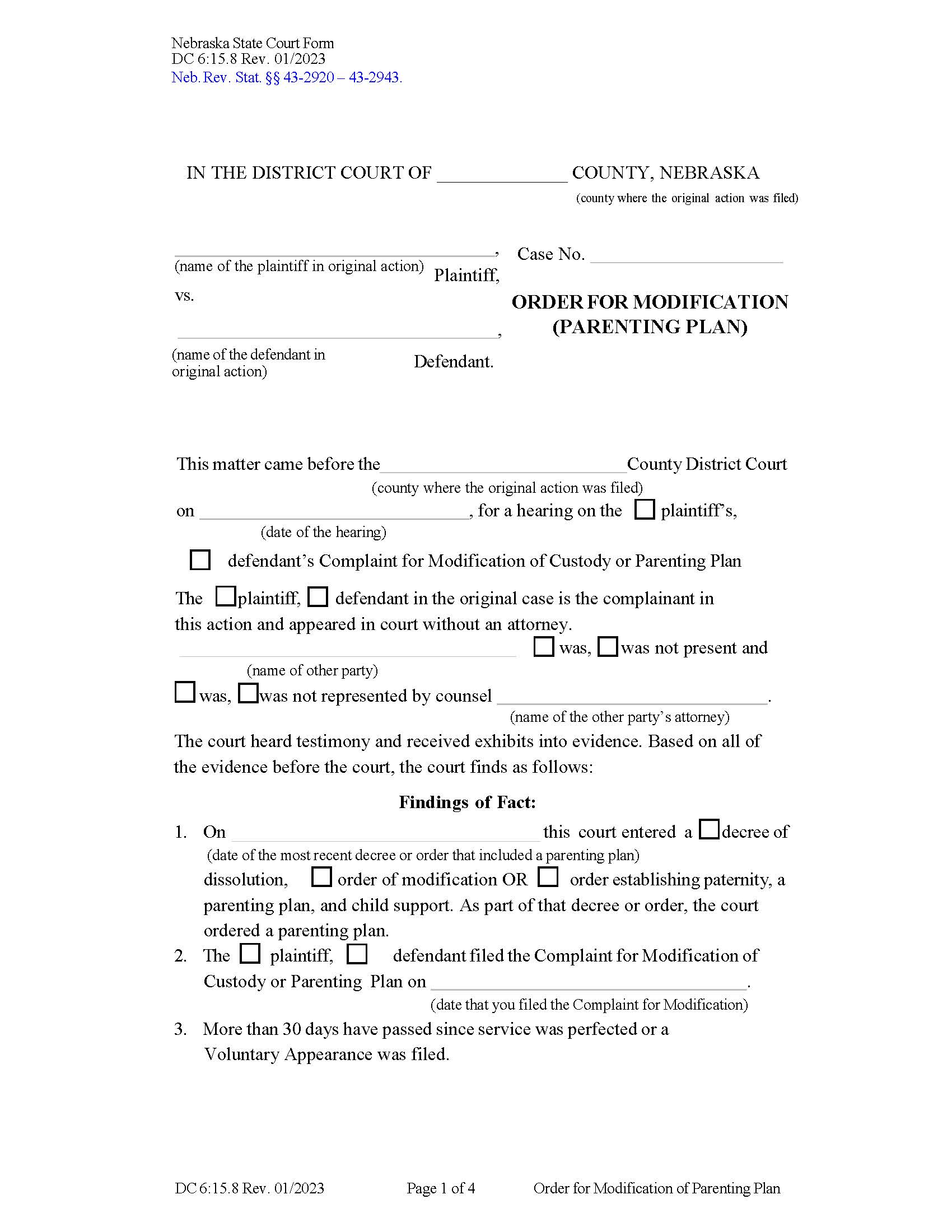 Order For Modification Parenting Plan {DC-6-15-8} | Pdf Fpdf Docx | Nebraska