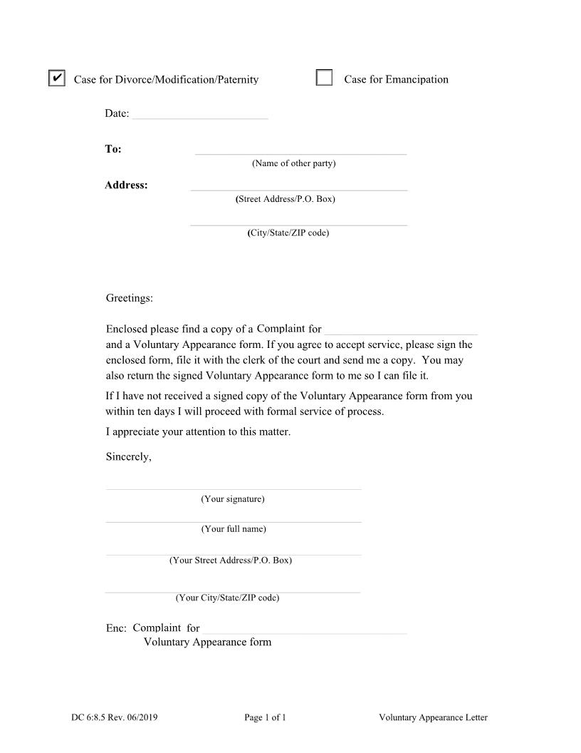 Voluntary Appearance Letter {DC-6-8-5} | Pdf Fpdf Docx | Nebraska