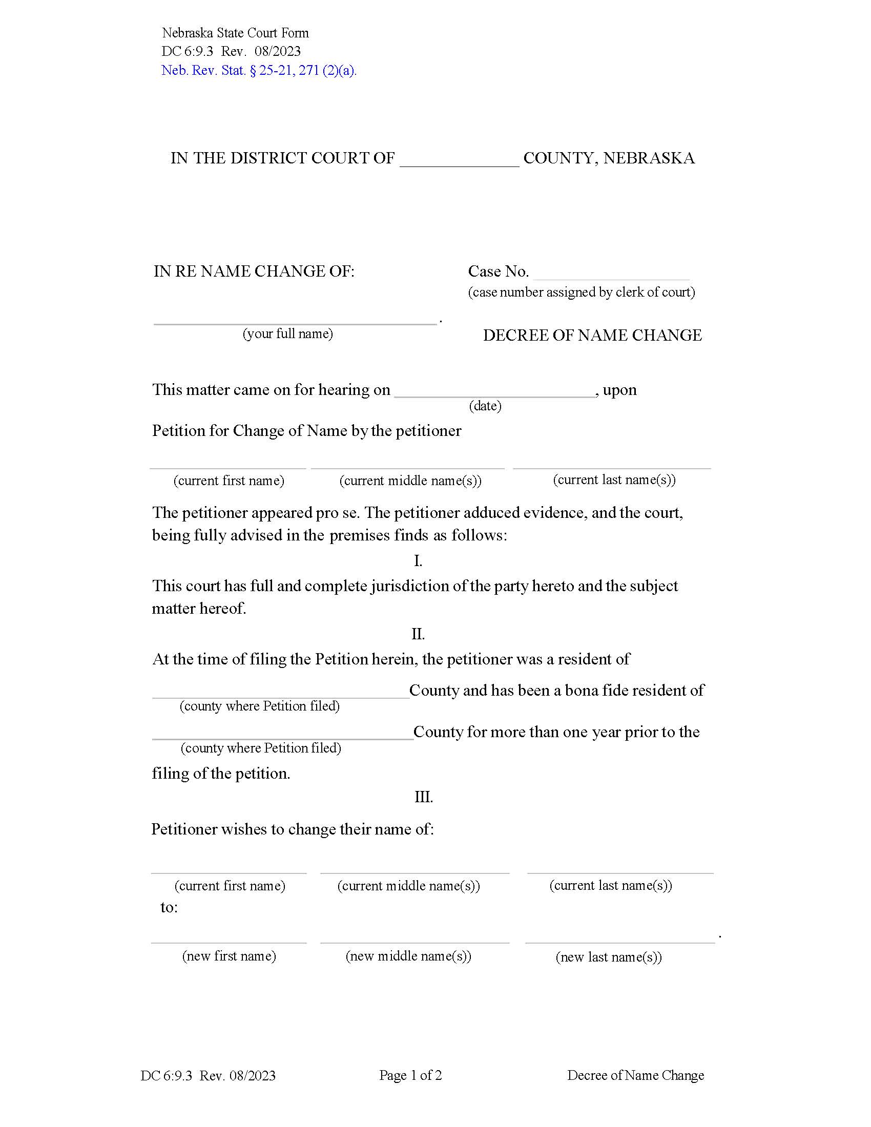 Decree Of Name Change {DC-6-9-3} | Pdf Fpdf Docx | Nebraska