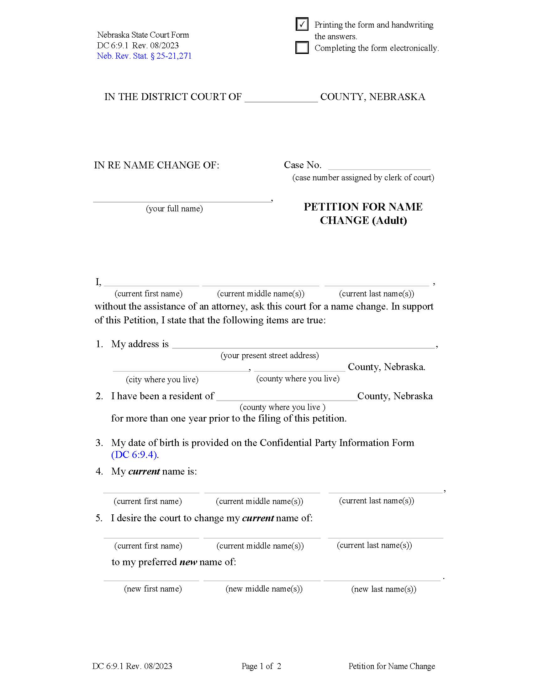 Petition For Name Change Adult {DC-6-9-1} | Pdf Fpdf Docx | Nebraska