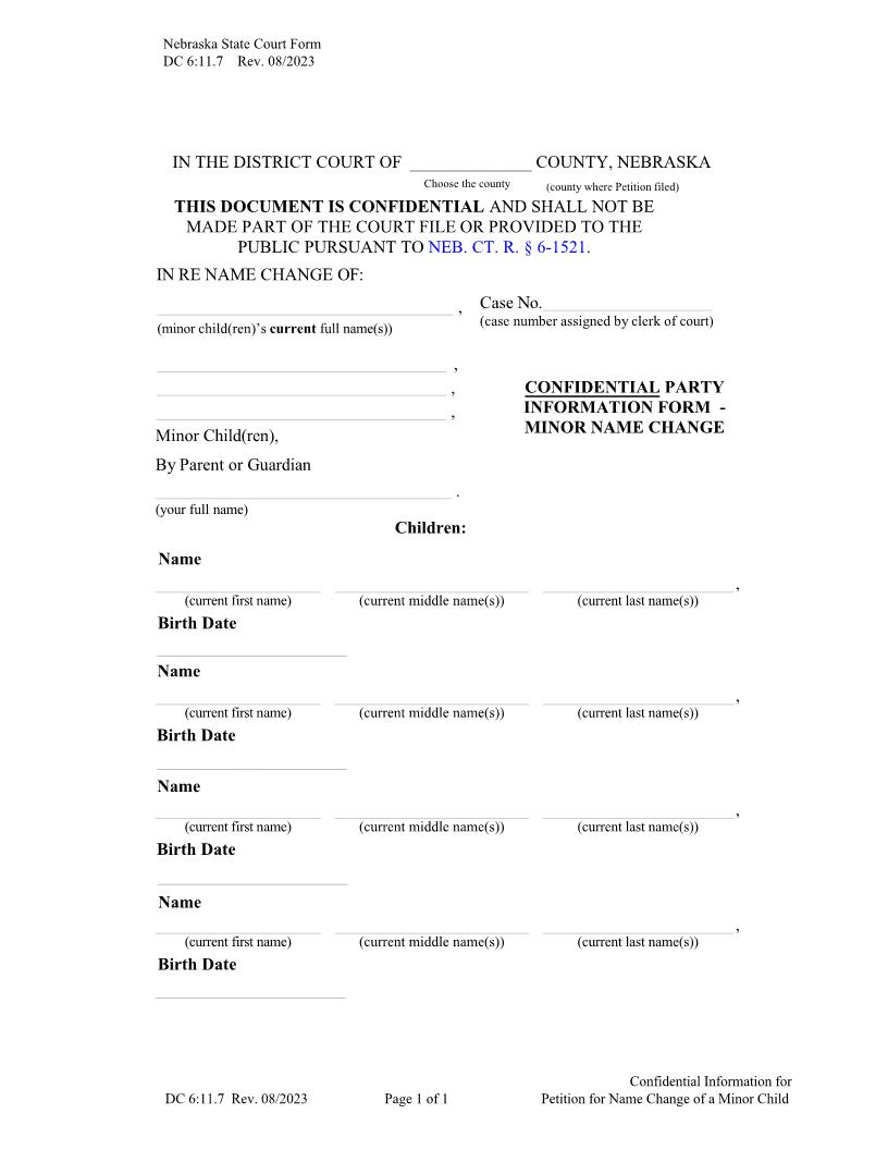 Confidential Party Information Form Minor Name Change {DC-6-11-7} | Pdf Fpdf Docx | Nebraska