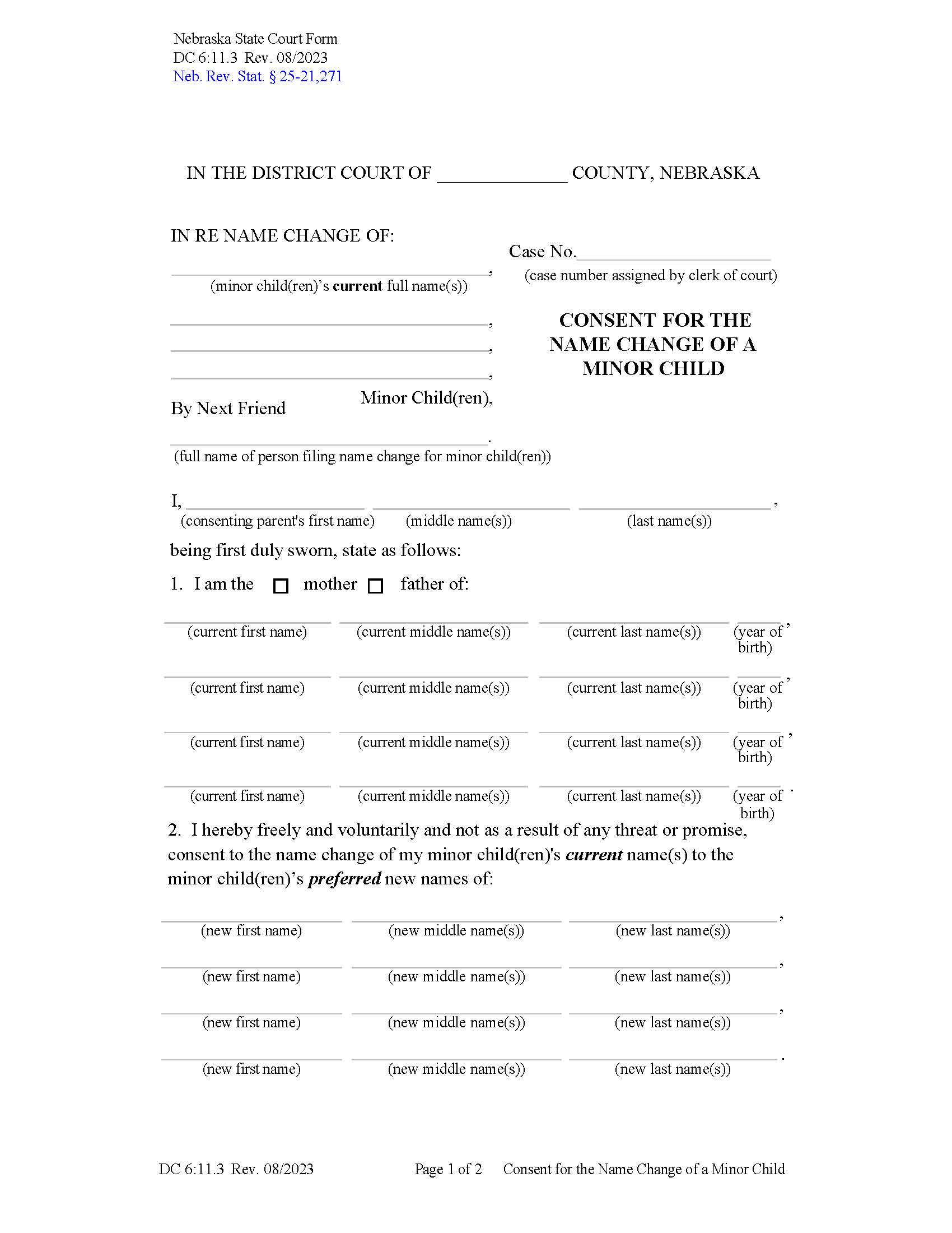 Consent For The Name Change Of A Minor Child {DC-6-11-3} | Pdf Fpdf Docx | Nebraska
