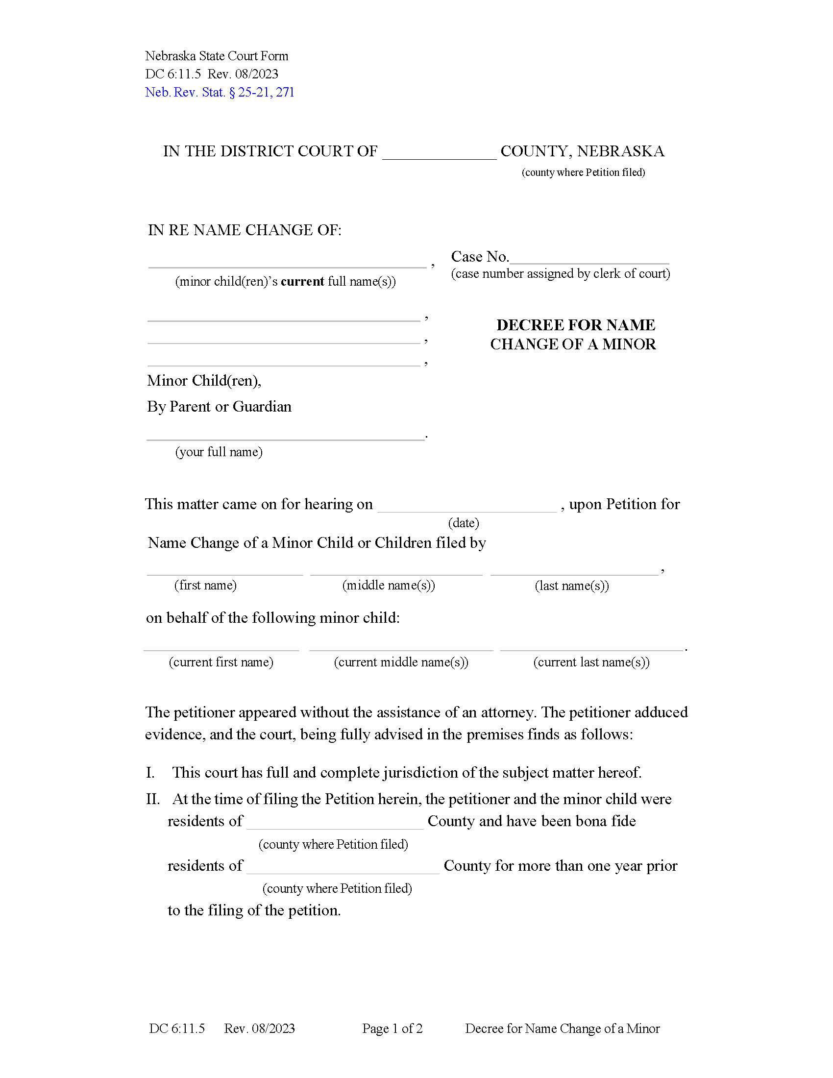 Decree For Name Change Of A Minor {DC-6-11-5} | Pdf Fpdf Docx | Nebraska