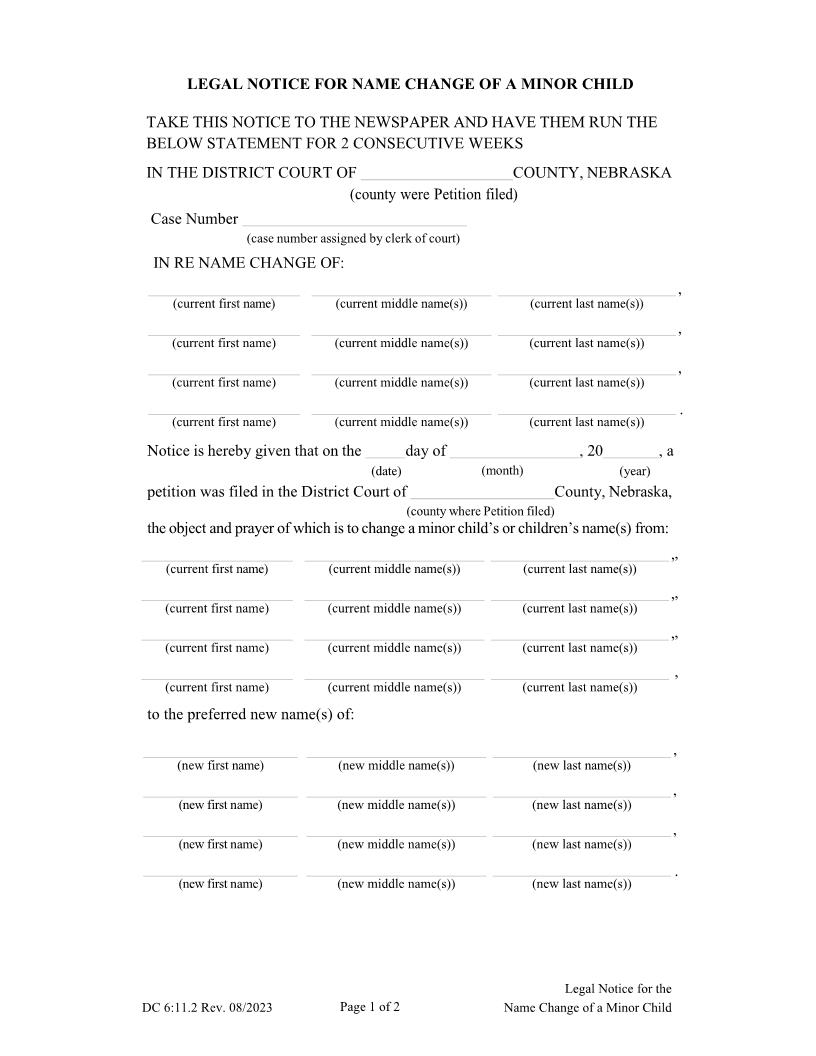 Legal Notice For Name Change Of A Minor Child {DC-6-11-2} | Pdf Fpdf Docx | Nebraska