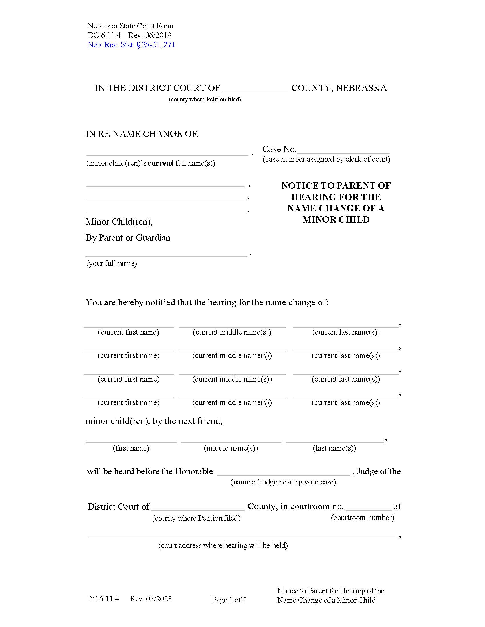 Notice To Parent Of Hearing For The Name Change Of A Minor {DC-6-11-4} | Pdf Fpdf Docx | Nebraska