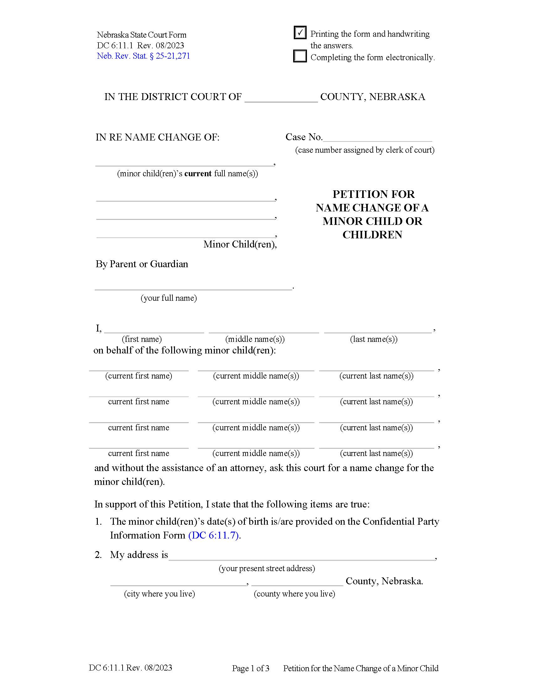 Petition For Name Change Of A Minor Or Children {DC-6-11-1} | Pdf Fpdf Docx | Nebraska