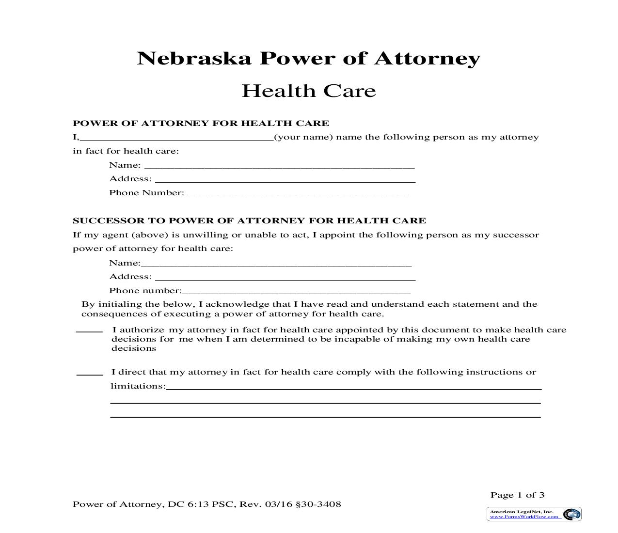 Power Of Attorney (Healthcare) {DC-6-13} | Pdf Fpdf Doc Docx | Nebraska
