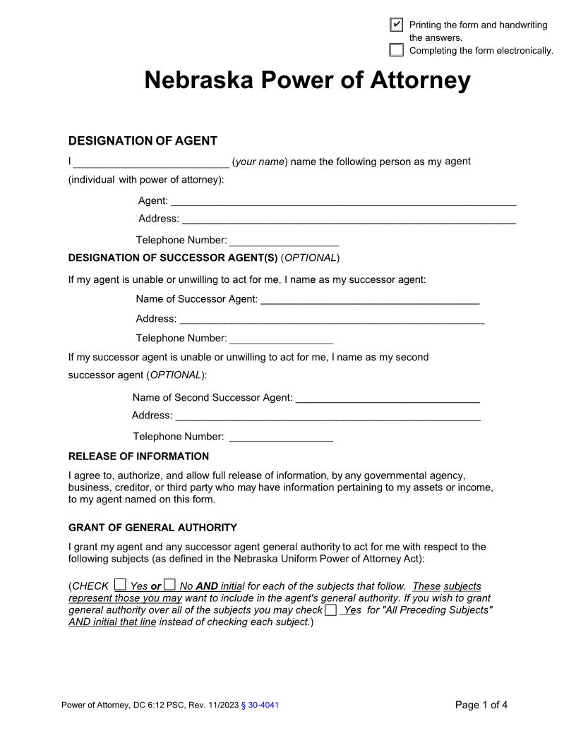 Power Of Attorney General {DC-6-12} | Pdf Fpdf Docx | Nebraska