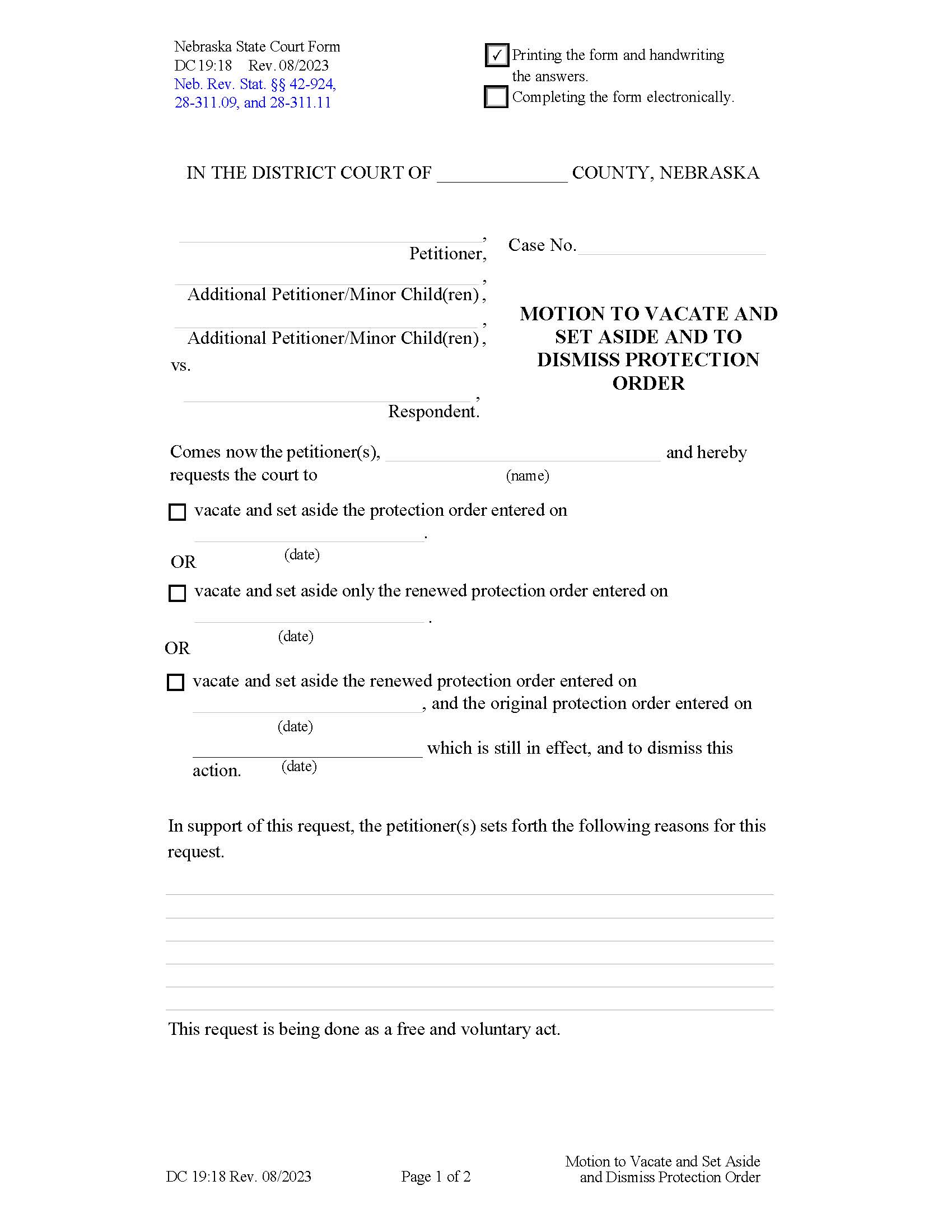 Motion To Vacate And Set Aside And To Dismiss {DC19-18} | Pdf Fpdf Docx | Nebraska