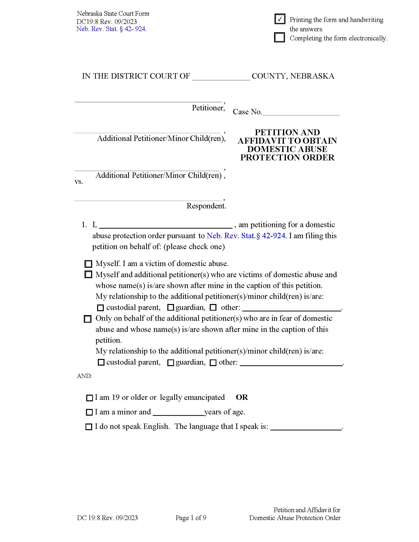 Petition And Affidavit To Obtain Domestic Abuse Protection Order {DC19-8} | Pdf Fpdf Docx | Nebraska