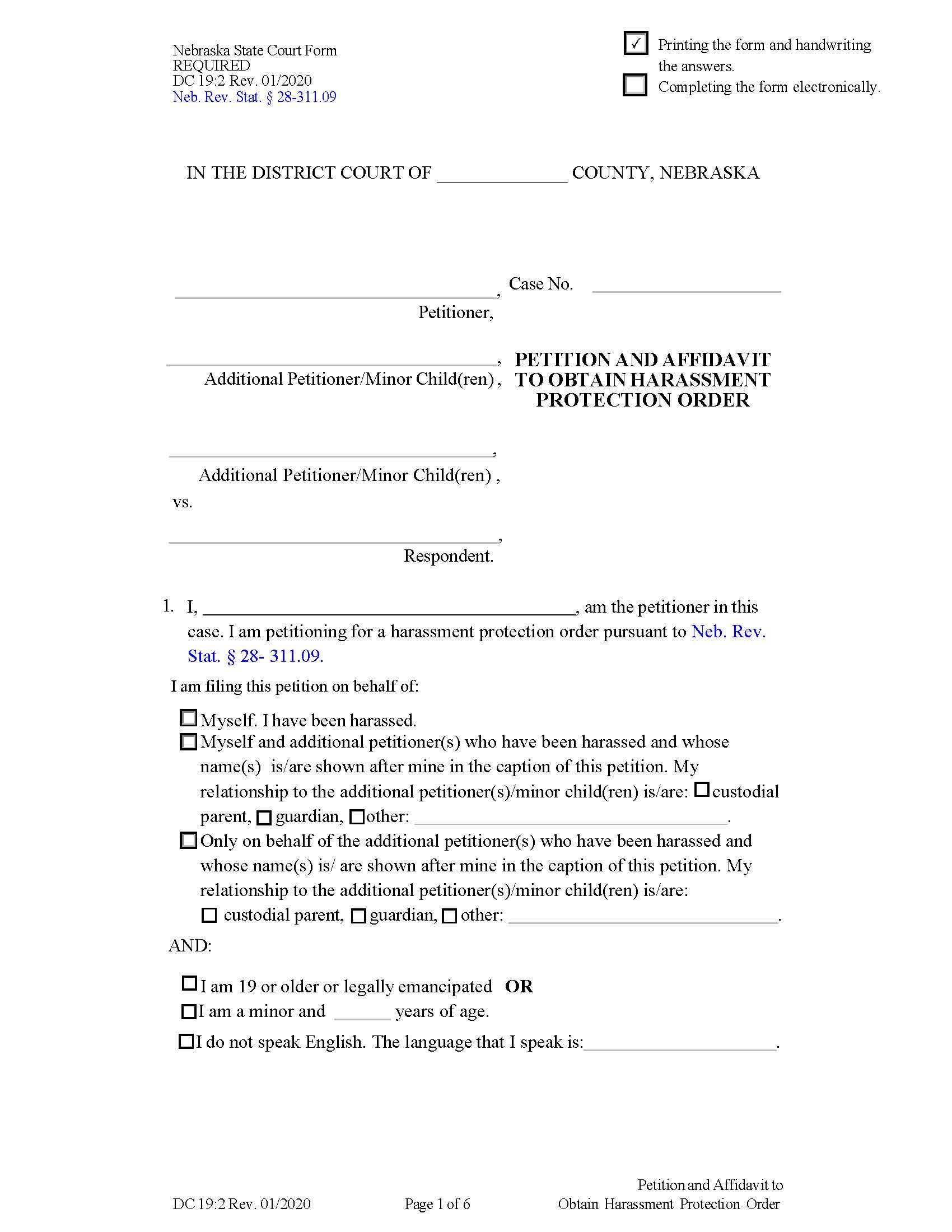 Petition And Affidavit To Obtain Harassment Protection Order {DC19-2} | Pdf Fpdf Docx | Nebraska