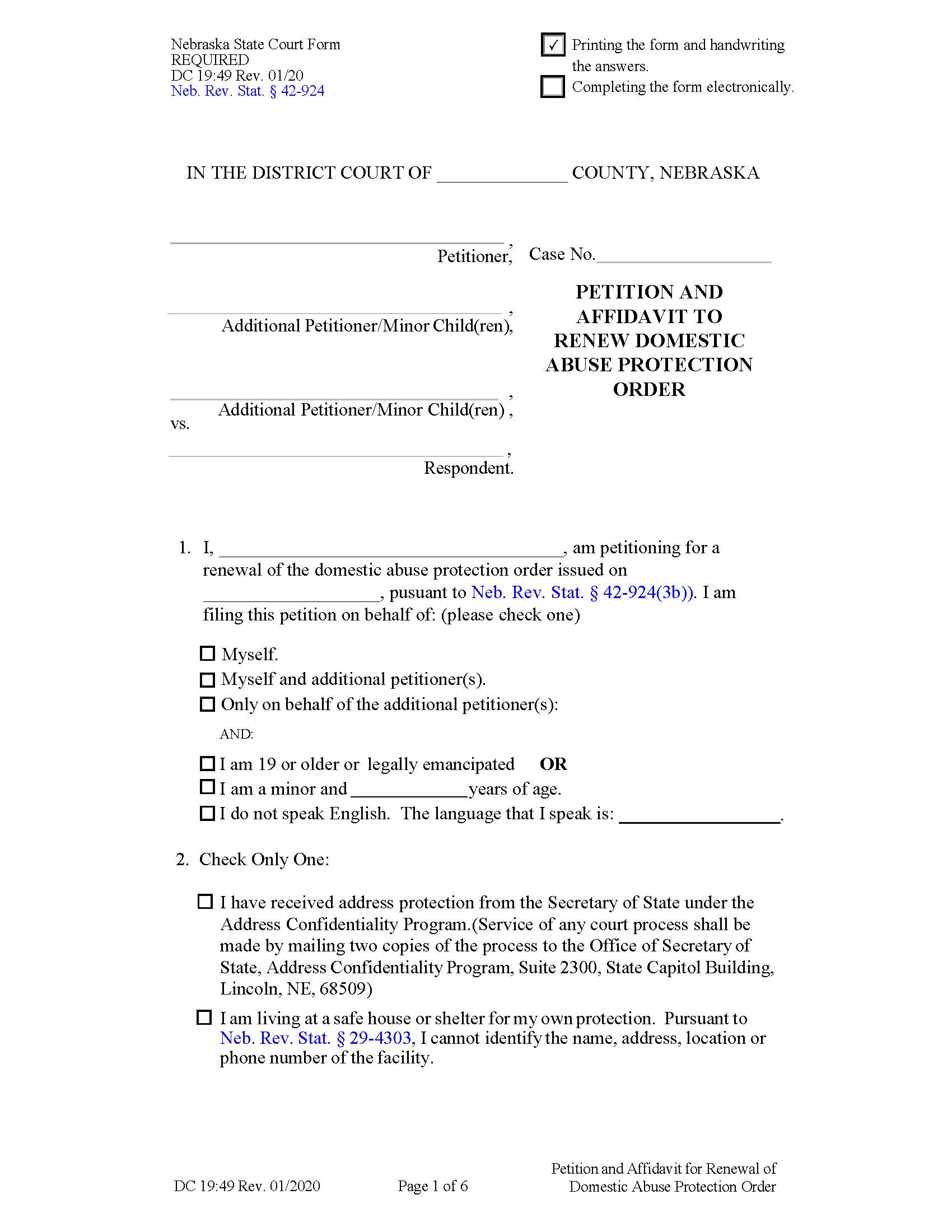 Petition And Affidavit To Renew Domestic Abuse Protection Order {DC-19-49} | Pdf Fpdf Docx | Nebraska