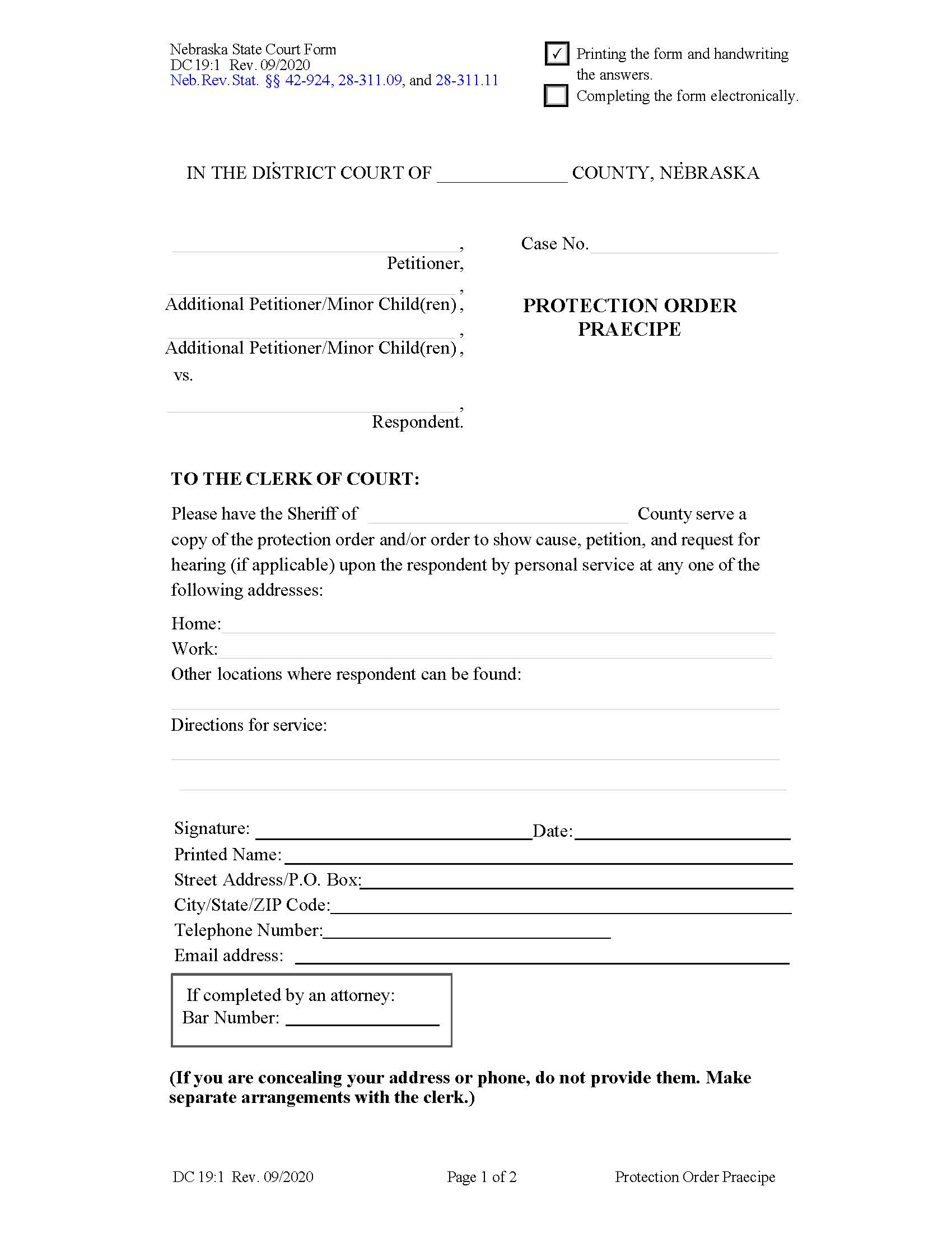 Protection Order Praecipe {DC-19-1} | Pdf Fpdf Docx | Nebraska