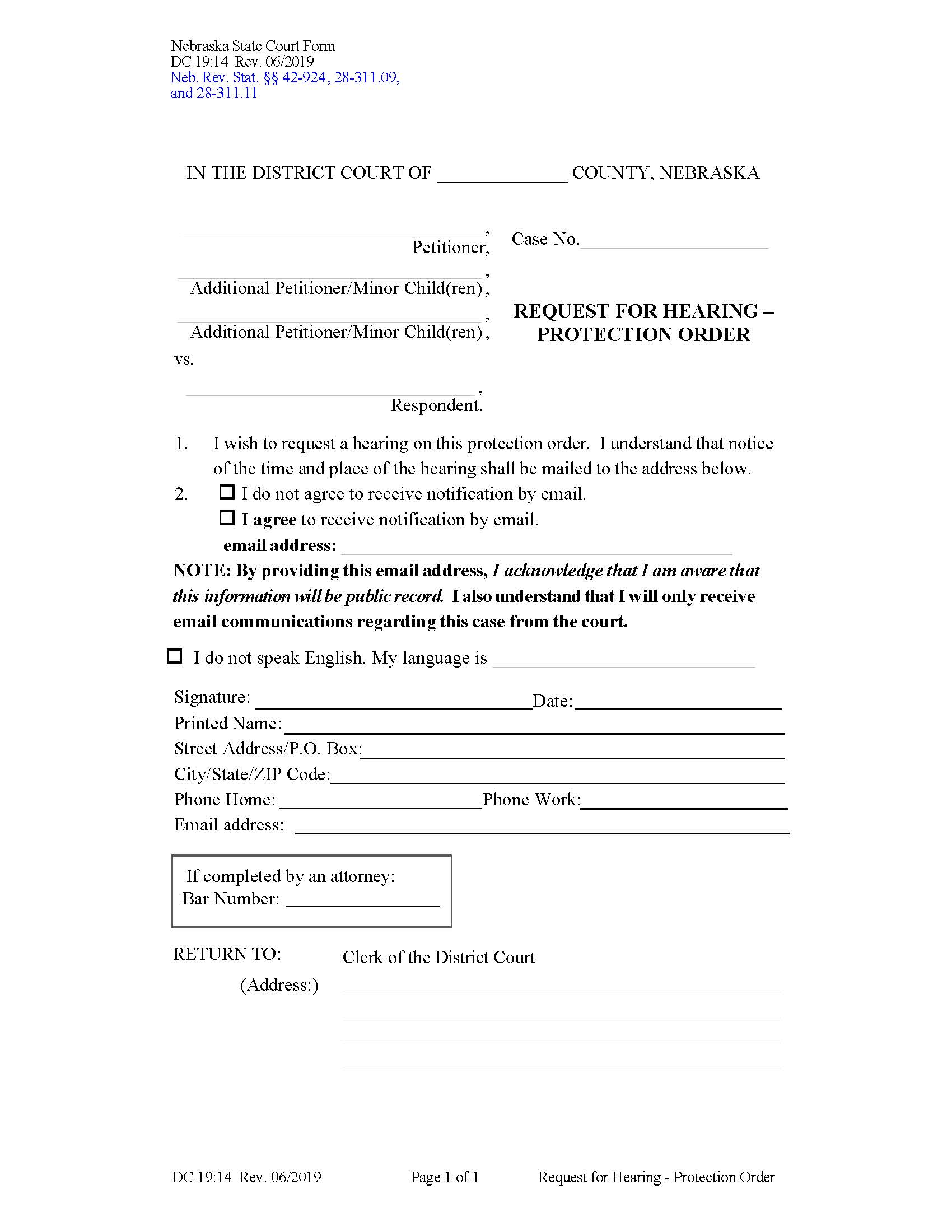 Request For Hearing (Protection Order) {DC19-14} | Pdf Fpdf Docx | Nebraska