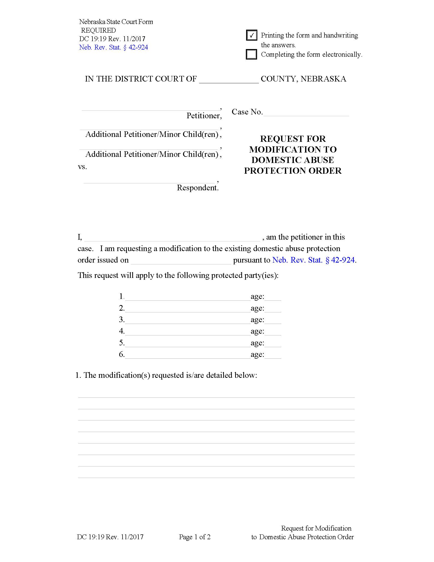 Request For Modification To Domestic Abuse Protection Order {DC19-19} | Pdf Fpdf Docx | Nebraska