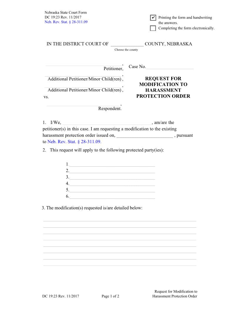 Request For Modification To Harassment Protection Order {DC19-23} | Pdf Fpdf Docx | Nebraska