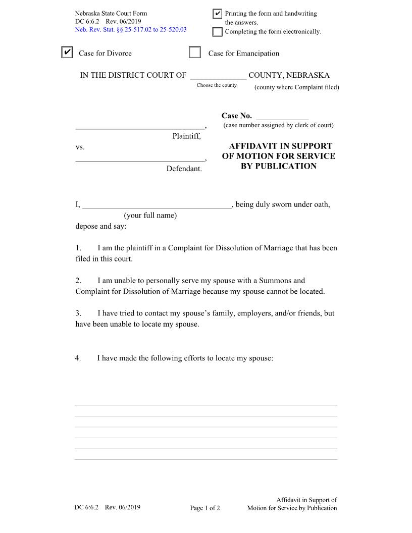 Affidavit In Support Of Motion For Service By Publication (Case For Emancipation) {DC-6-6-2} | Pdf Fpdf Docx | Nebraska