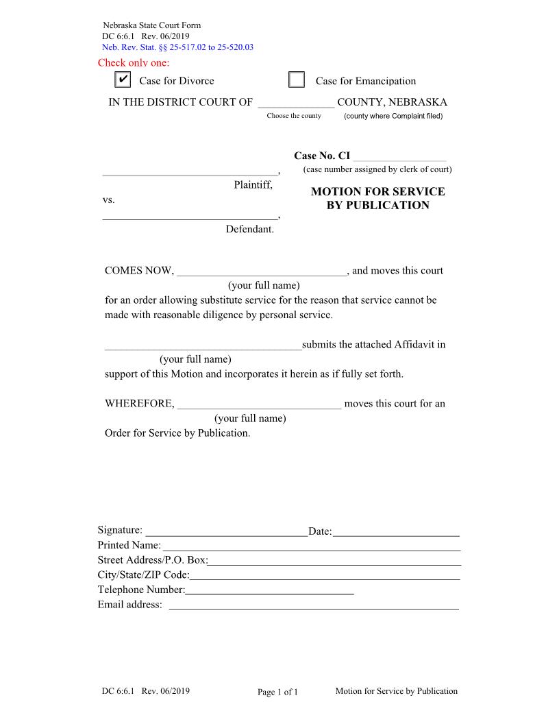 Motion For Service By Publication Case For Divorce {DC-6-6-1} | Pdf Fpdf Docx | Nebraska
