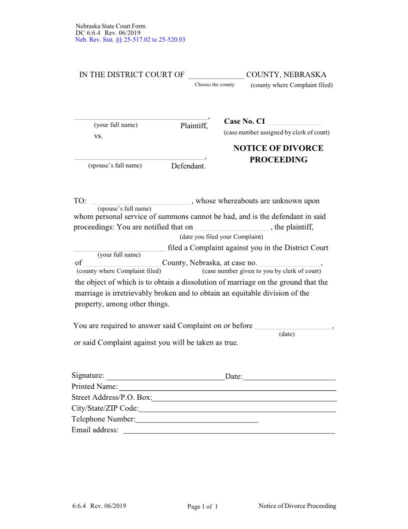 Notice Of Divorce Proceeding {DC-6-6-4} | Pdf Fpdf Docx | Nebraska