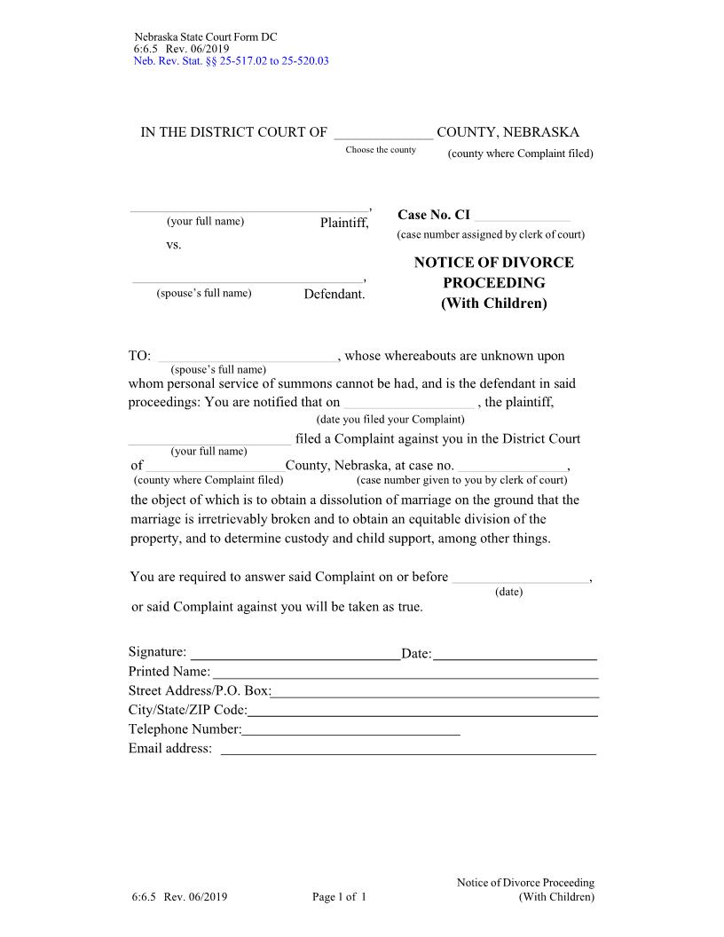 Notice Of Divorce Proceeding With Children {DC-6-6-5} | Pdf Fpdf Docx | Nebraska