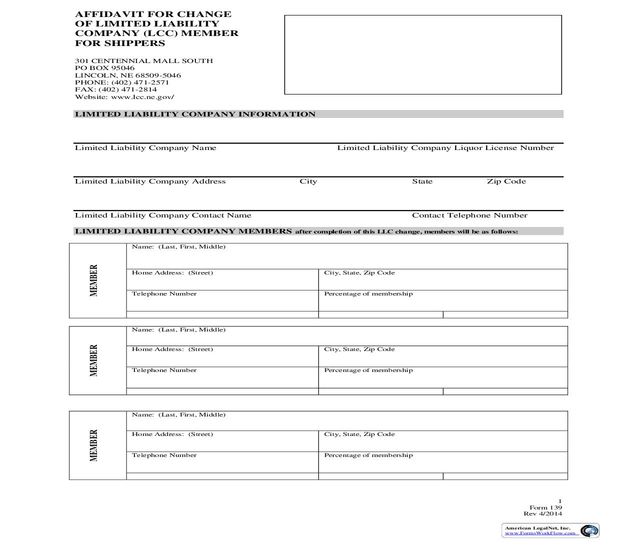 Affidavit For Change Of Limited Liability Company (LCC) Member For Shippers {139} | Pdf Fpdf Doc Docx | Nebraska