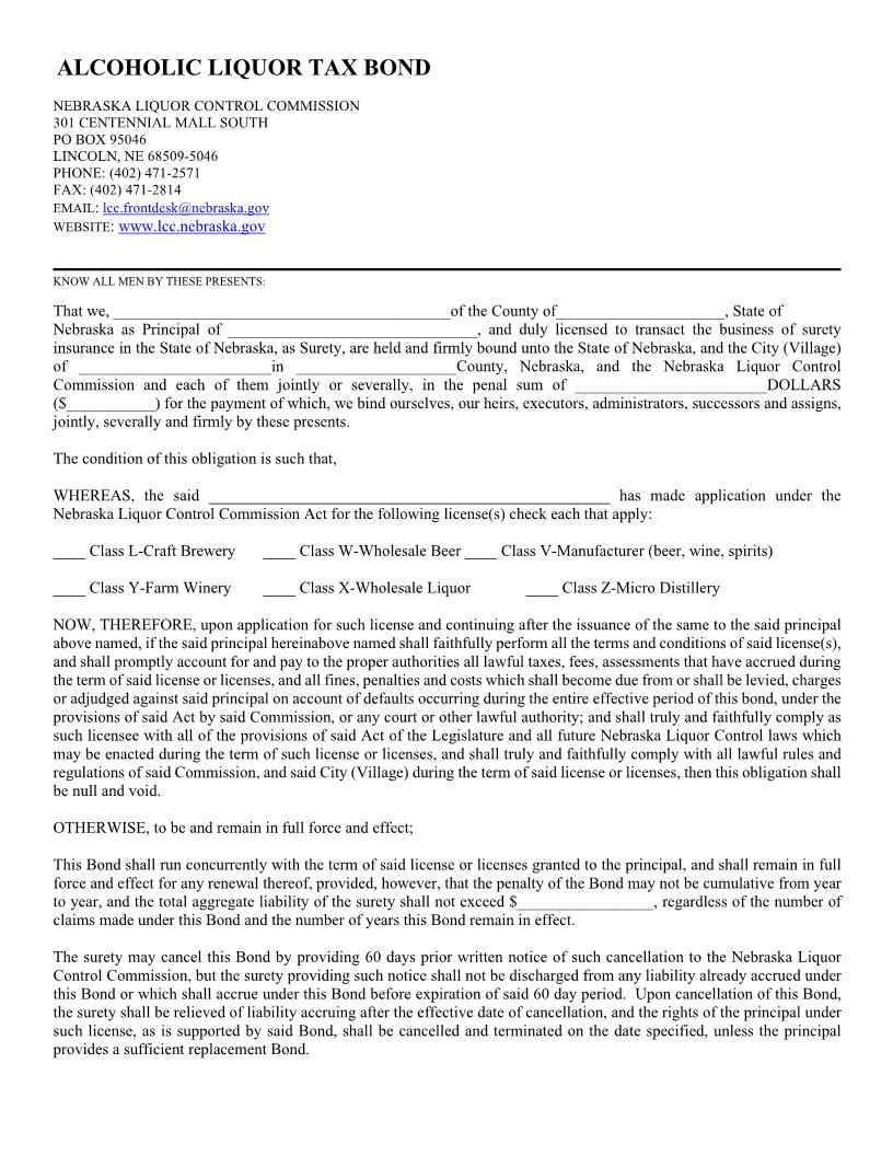 Alcoholic Liquor Tax Bond {115} | Pdf Fpdf Doc Docx | Nebraska