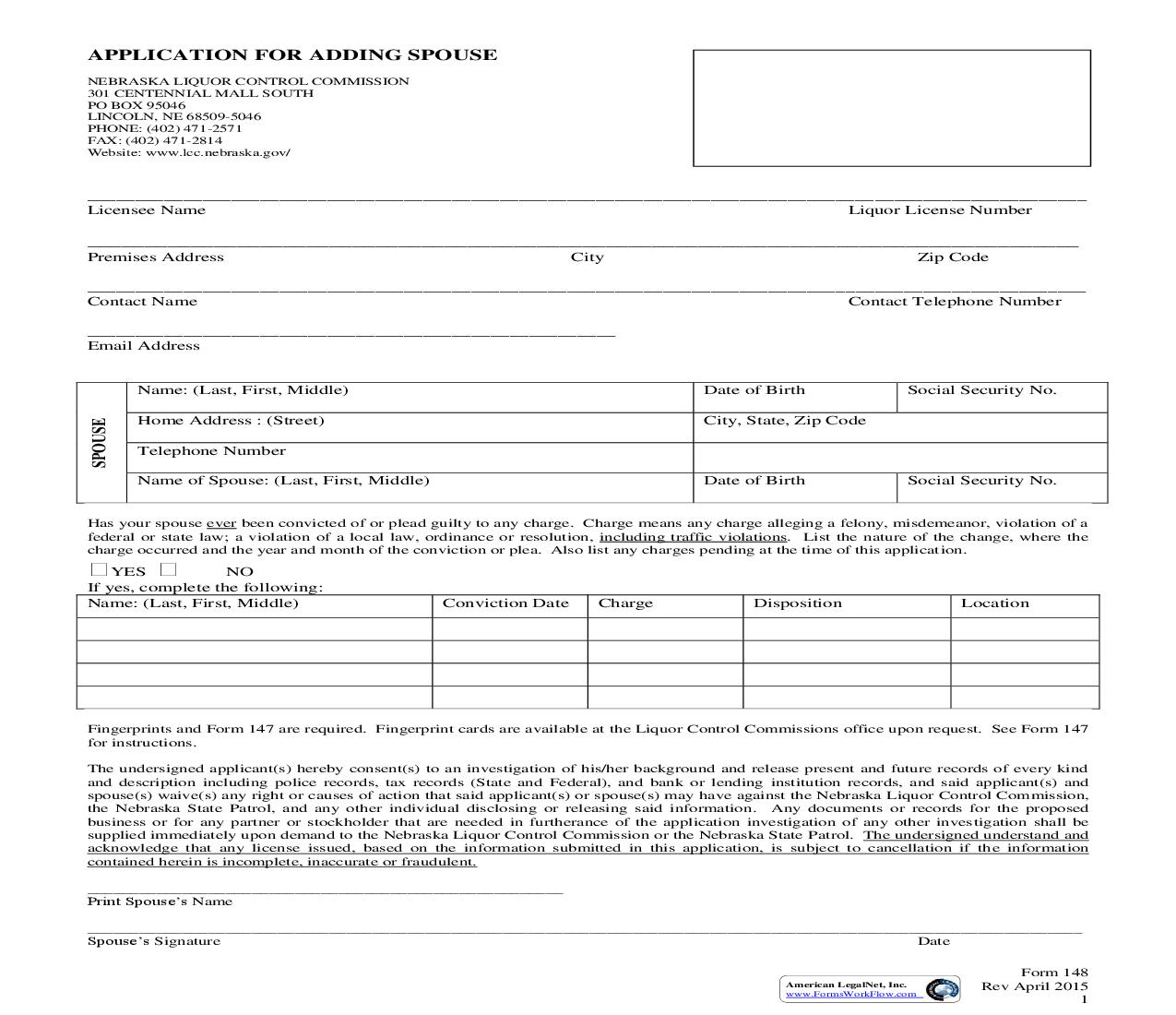 Application For Adding Spouse {148} | Pdf Fpdf Doc Docx | Nebraska