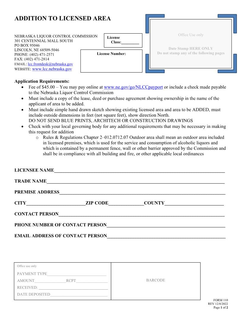 Application For Addition To Liquor License {110} | Pdf Fpdf Doc Docx | Nebraska