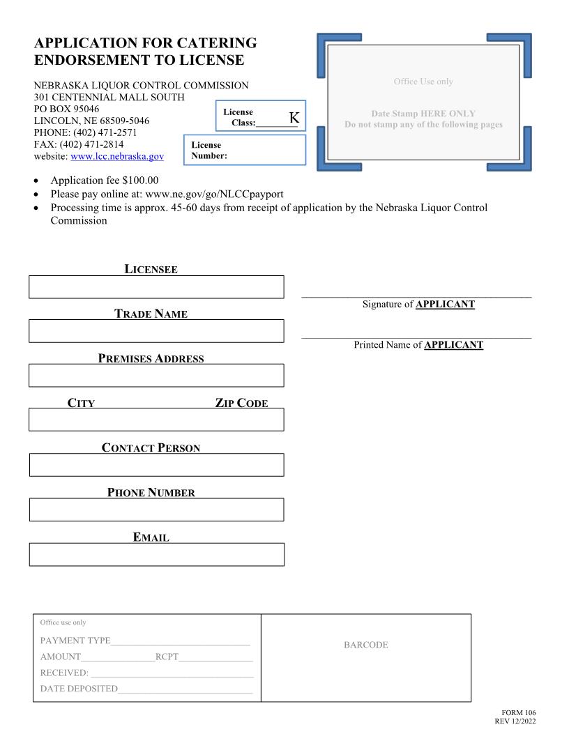 Application For Catering Endorsement To License {106} | Pdf Fpdf Doc Docx | Nebraska
