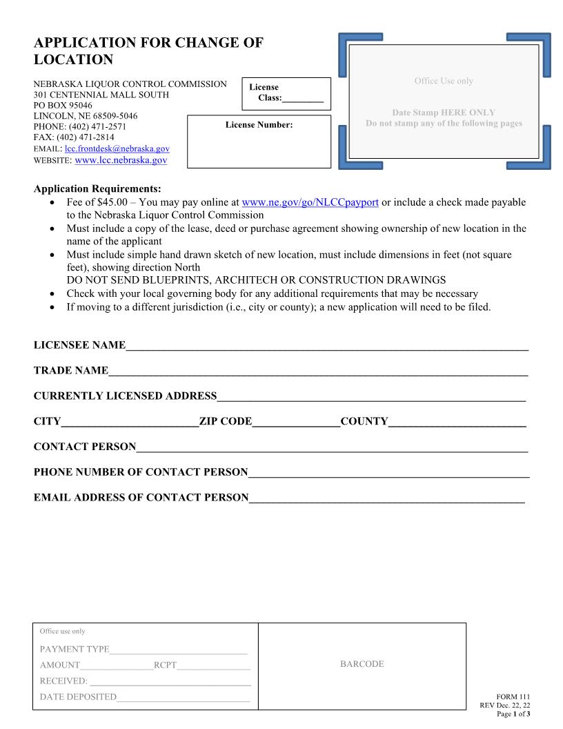 Application For Change Of Location To Liquor License {111} | Pdf Fpdf Doc Docx | Nebraska