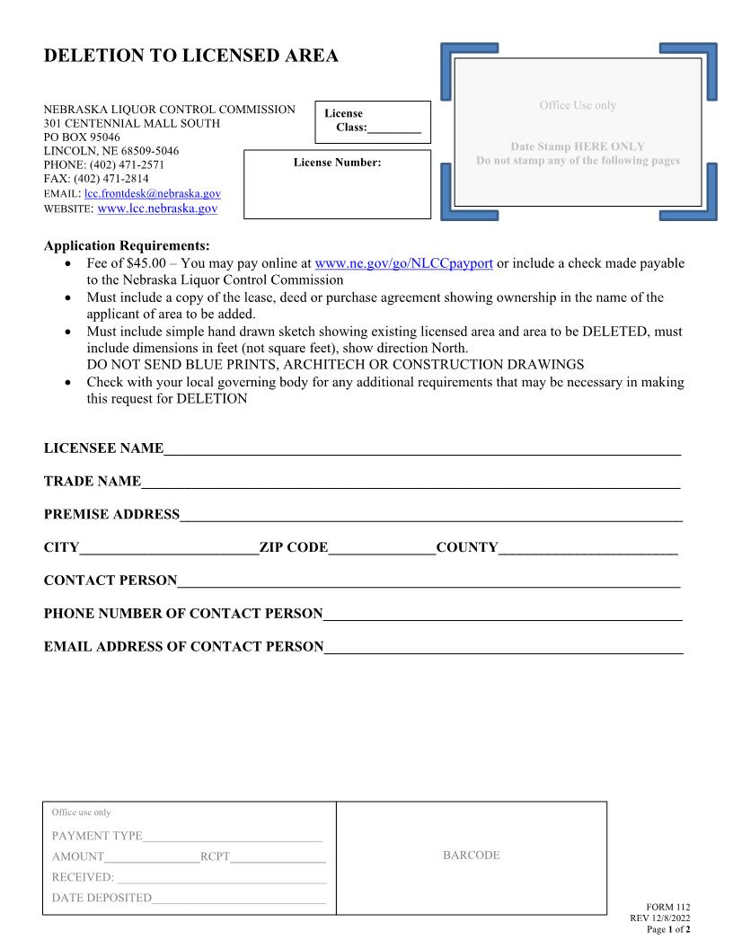 Application For Deletion To Liquor License {112} | Pdf Fpdf Doc Docx | Nebraska
