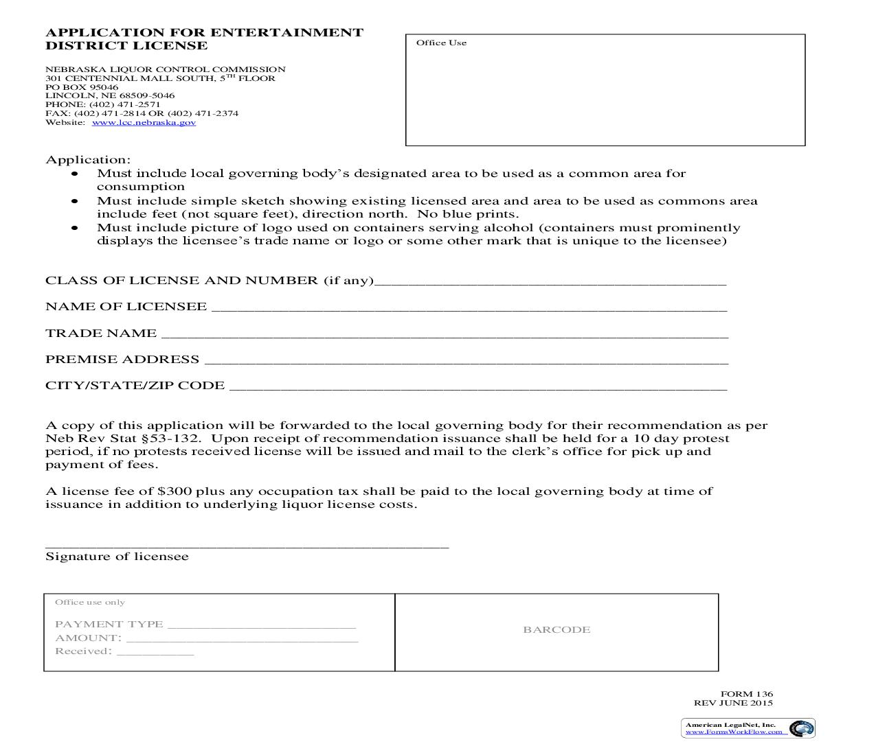 Application For Entertainment District License {136} | Pdf Fpdf Doc Docx | Nebraska