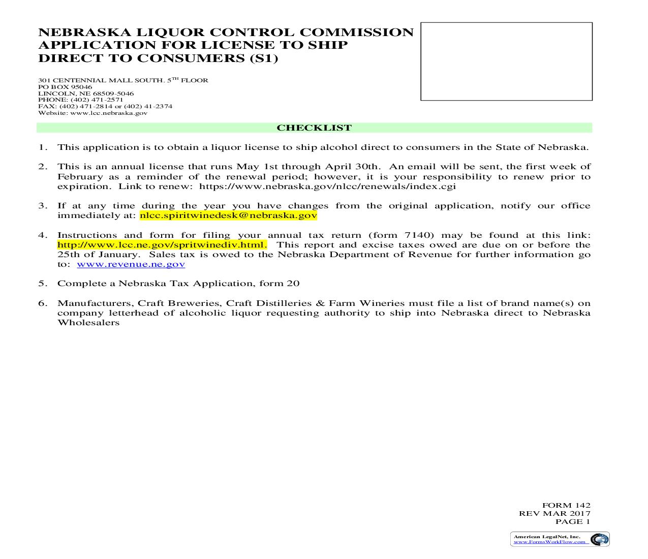 Application For License To Ship Direct To Consumers (S1) {142} | Pdf Fpdf Doc Docx | Nebraska