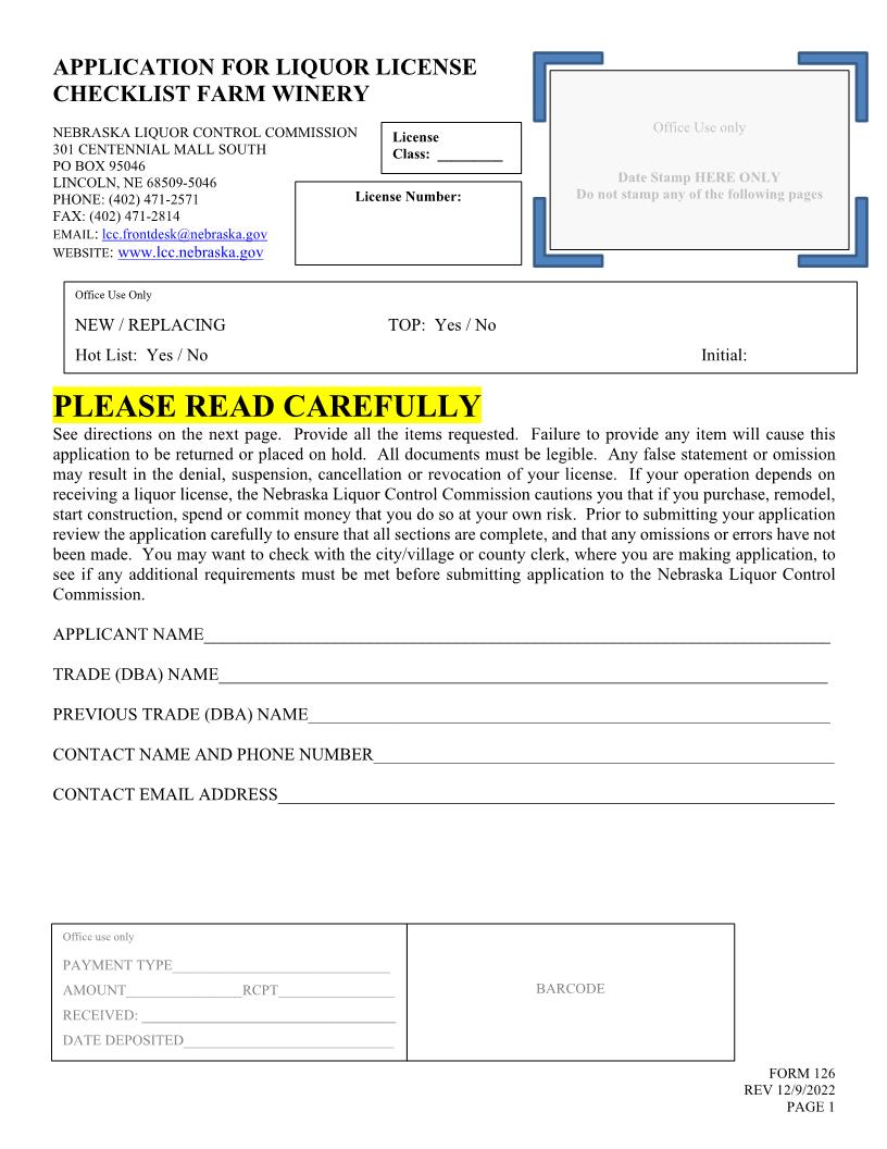 Application For Liquor License Checklist Farm Winery {126} | Pdf Fpdf Doc Docx | Nebraska