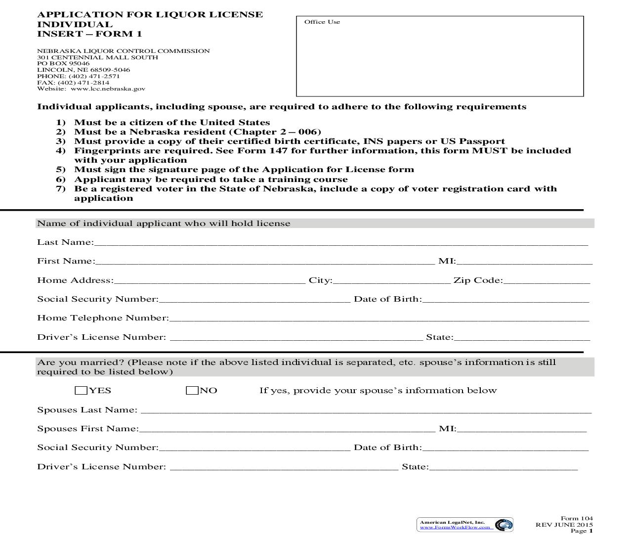 Application For Liquor License Individual Insert-Form 1 (Shipper License) {104} | Pdf Fpdf Doc Docx | Nebraska