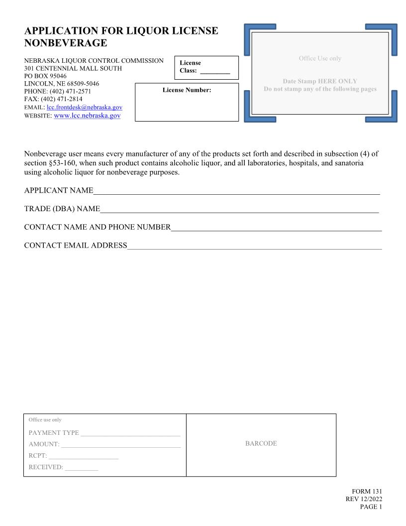 Application For Liquor License Nonbeverage {131} | Pdf Fpdf Doc Docx | Nebraska