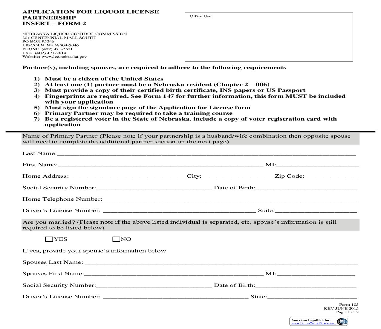 Application For Liquor License Partnership Insert-Form 2 (Shipper License) {105} | Pdf Fpdf Doc Docx | Nebraska
